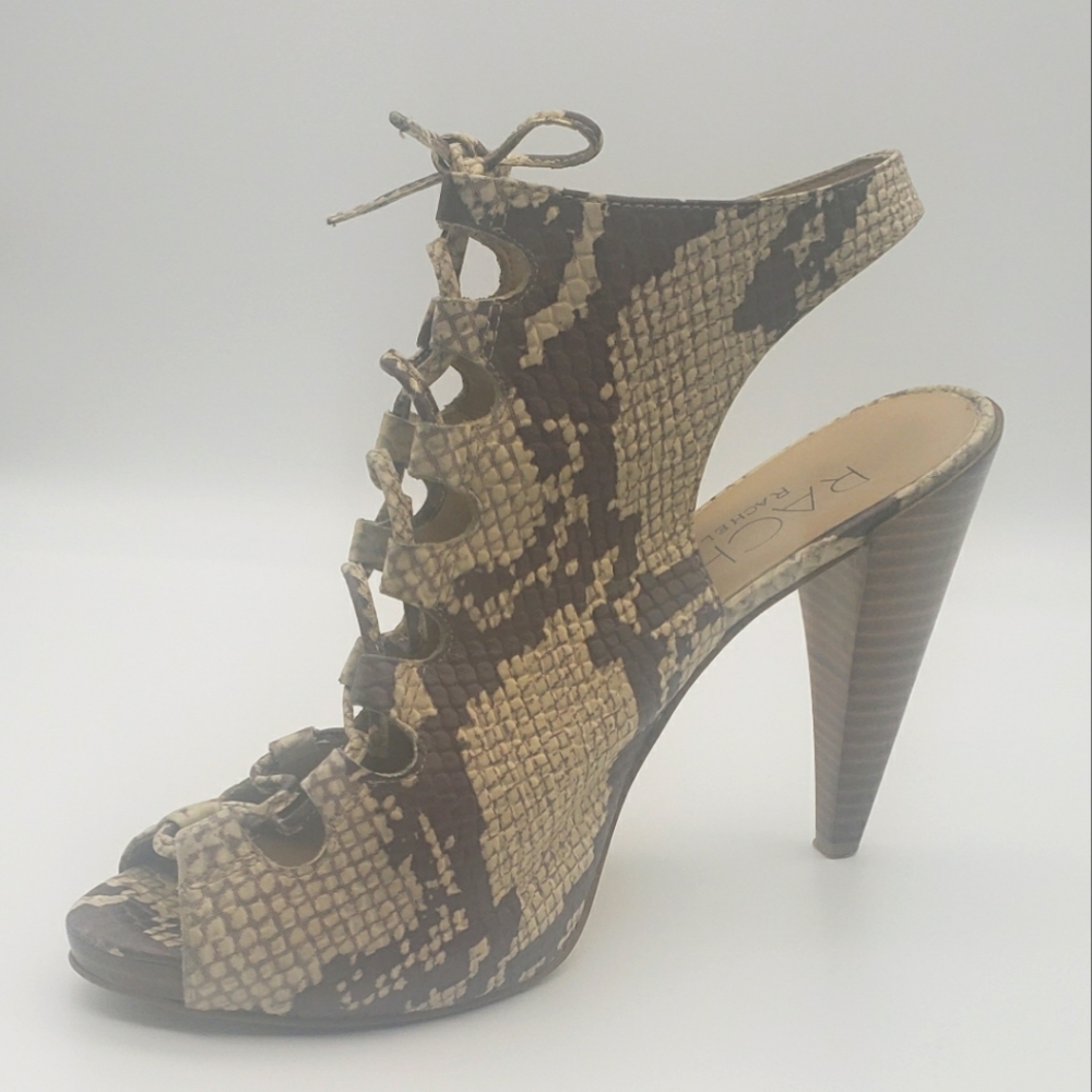 Rachel Roy brown and tan faux snake skin sling back shoe